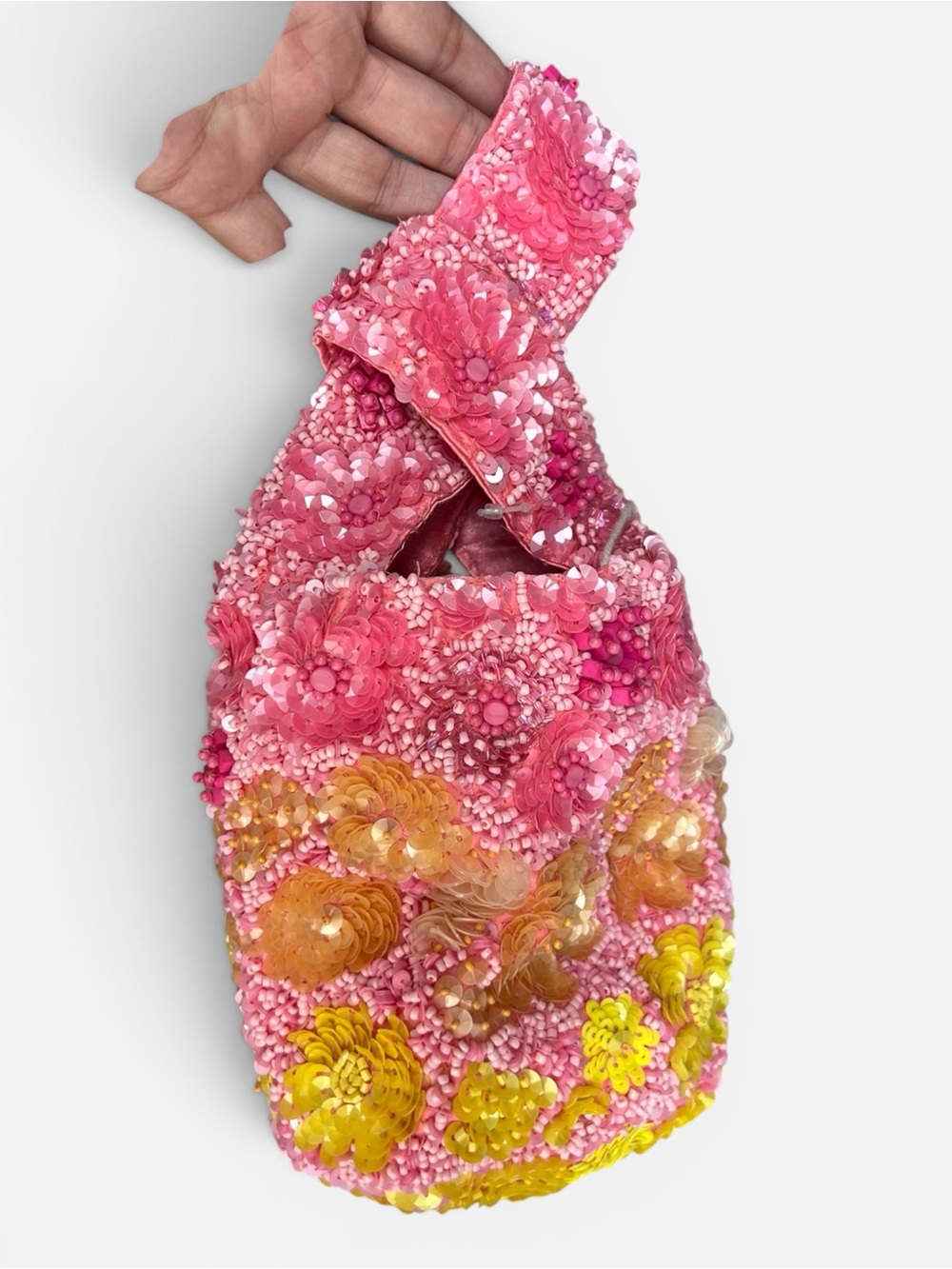 Pink & Yellow Hand Beaded Mini Bucket Bag - Picture 6 of 10